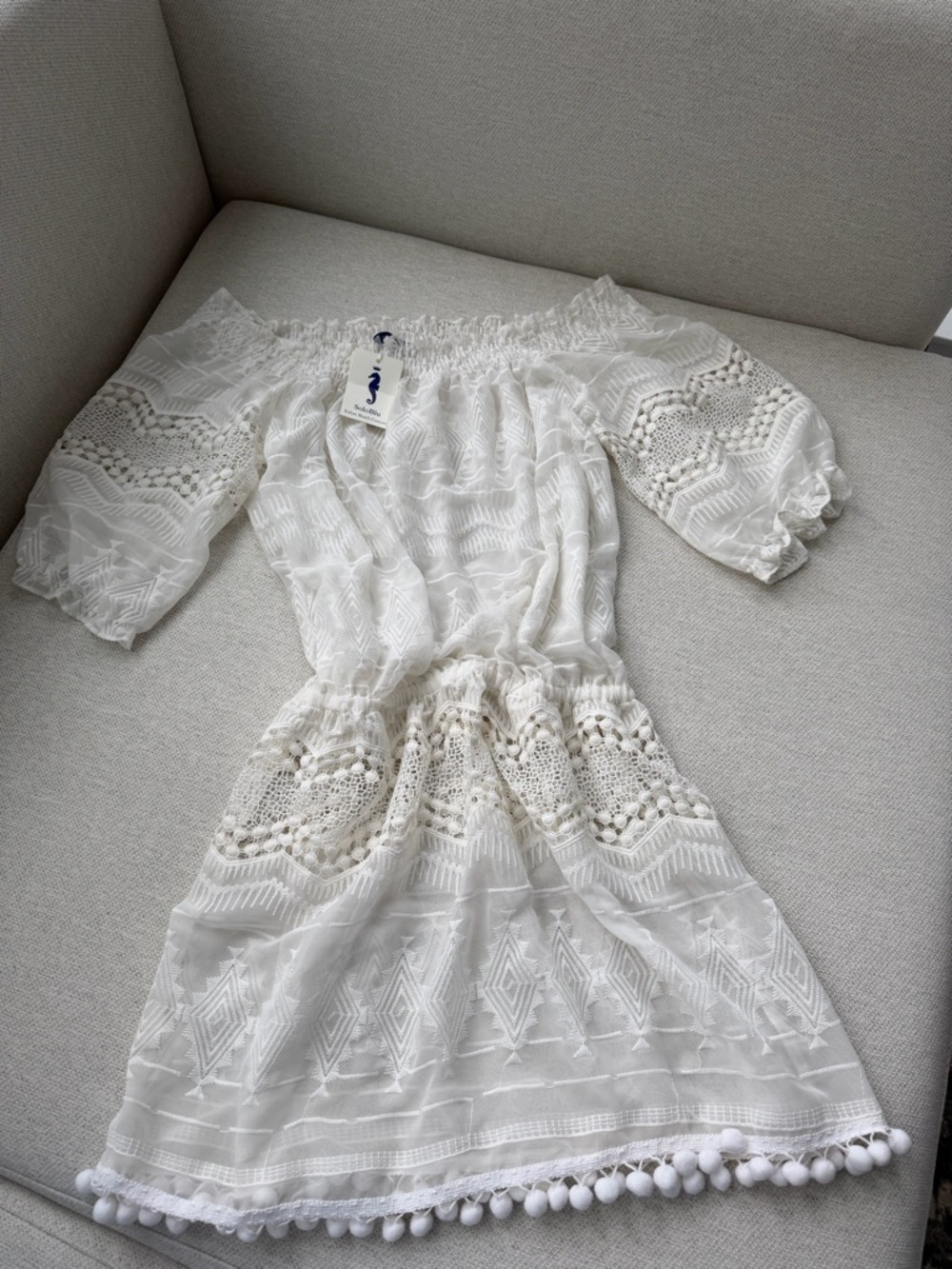 SoloBlu White Lace Off Shoulder Cover Up Dress Boho Beach Size S
